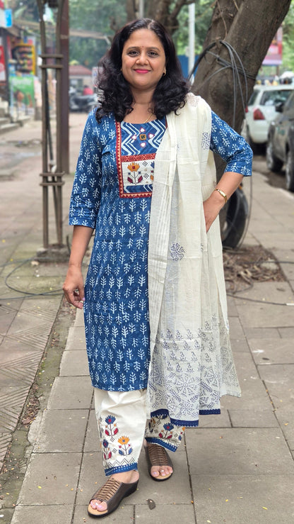 Indigo Dabu Full Suit With Embroidery
