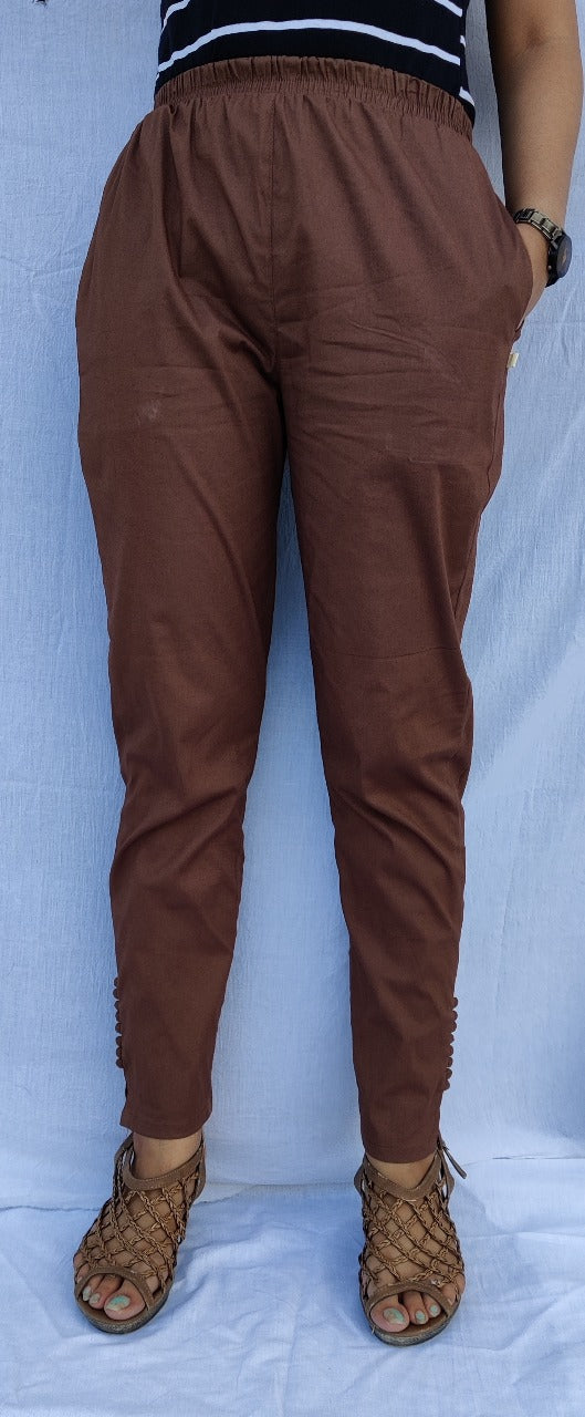 Brown  Cotton Lycra Ankle Length Stretchable Pant