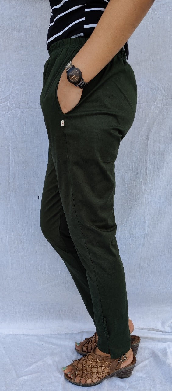 Bottle Green Cotton Lycra Ankle Length Stretchable Pant