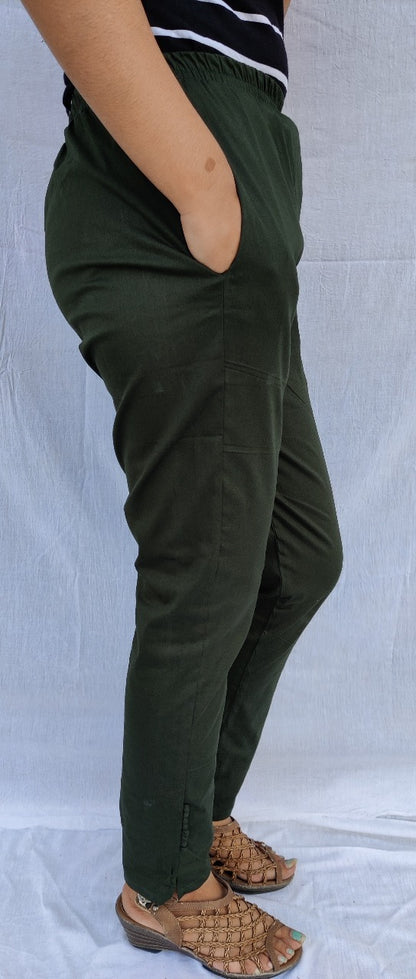 Bottle Green Cotton Lycra Ankle Length Stretchable Pant