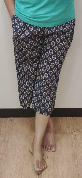 Navy Blue Block Printed Cotton Capri