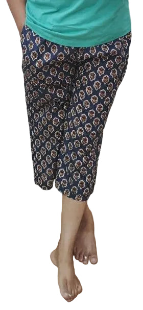 Navy Blue Block Printed Cotton Capri