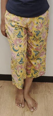 Yellow Block Printed Cotton Capri