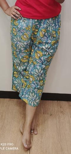 Coral Blue Block Printed Cotton Capri
