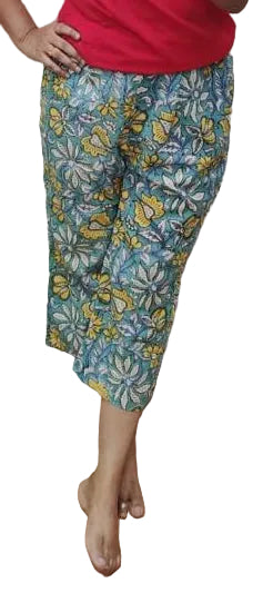 Coral Blue Block Printed Cotton Capri