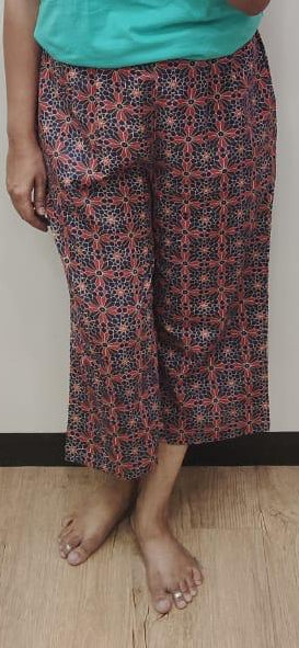 Navy Blue Block Printed Cotton Capri