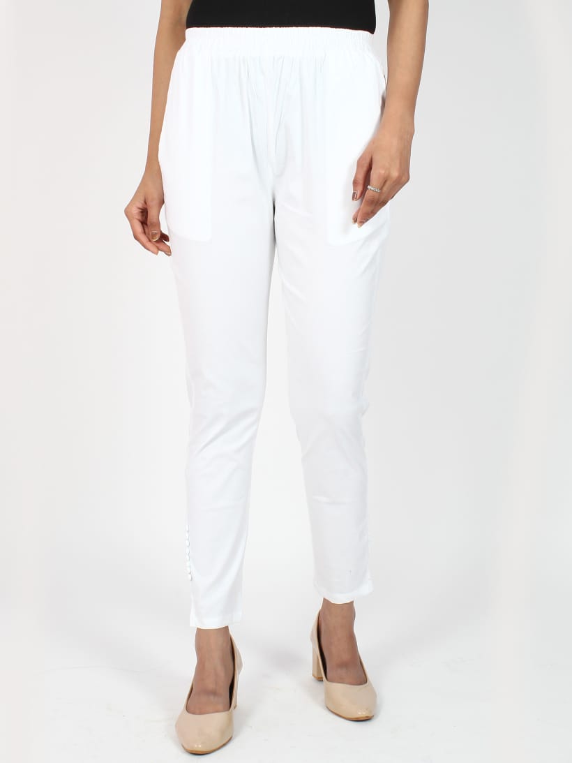 White Cotton Lycra Ankle Length Stretchable Pant