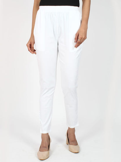 White Cotton Lycra Ankle Length Stretchable Pant