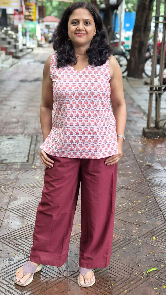 Wine Cotton Wide Leg Pant
