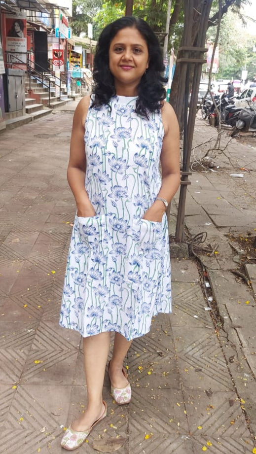 White Block Printed Knee Length One Piece