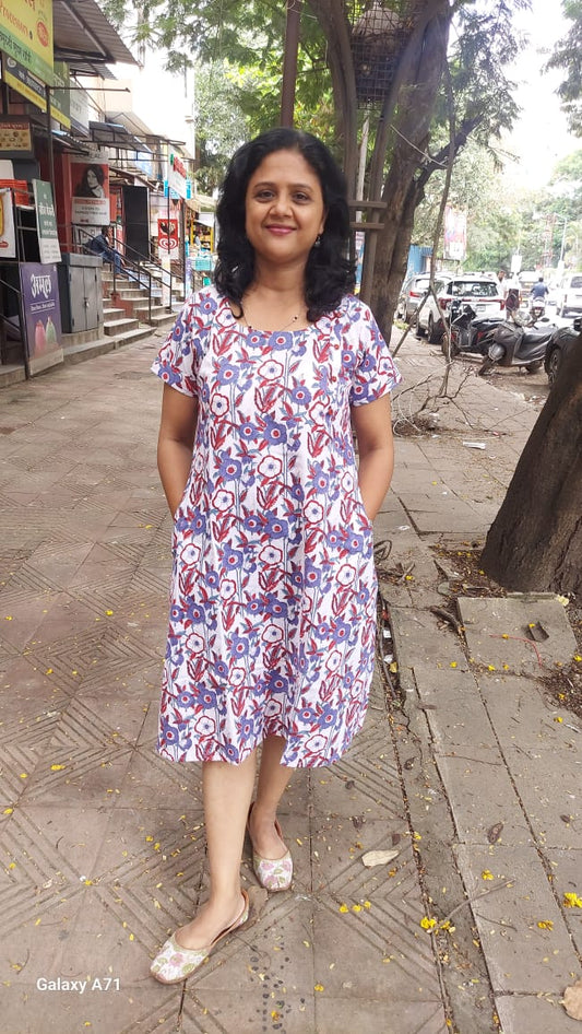 Blue Block Printed Knee Length One Piece