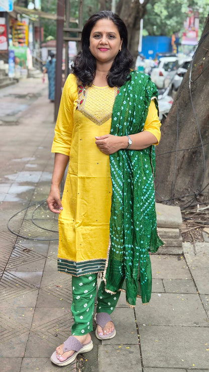 Yellow Cotton Silk Full Suit With Dupatta