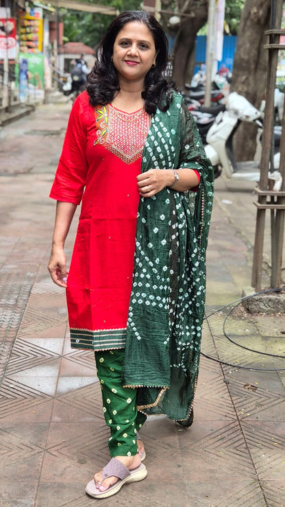 Red Cotton Silk Full Suit With Dupatta