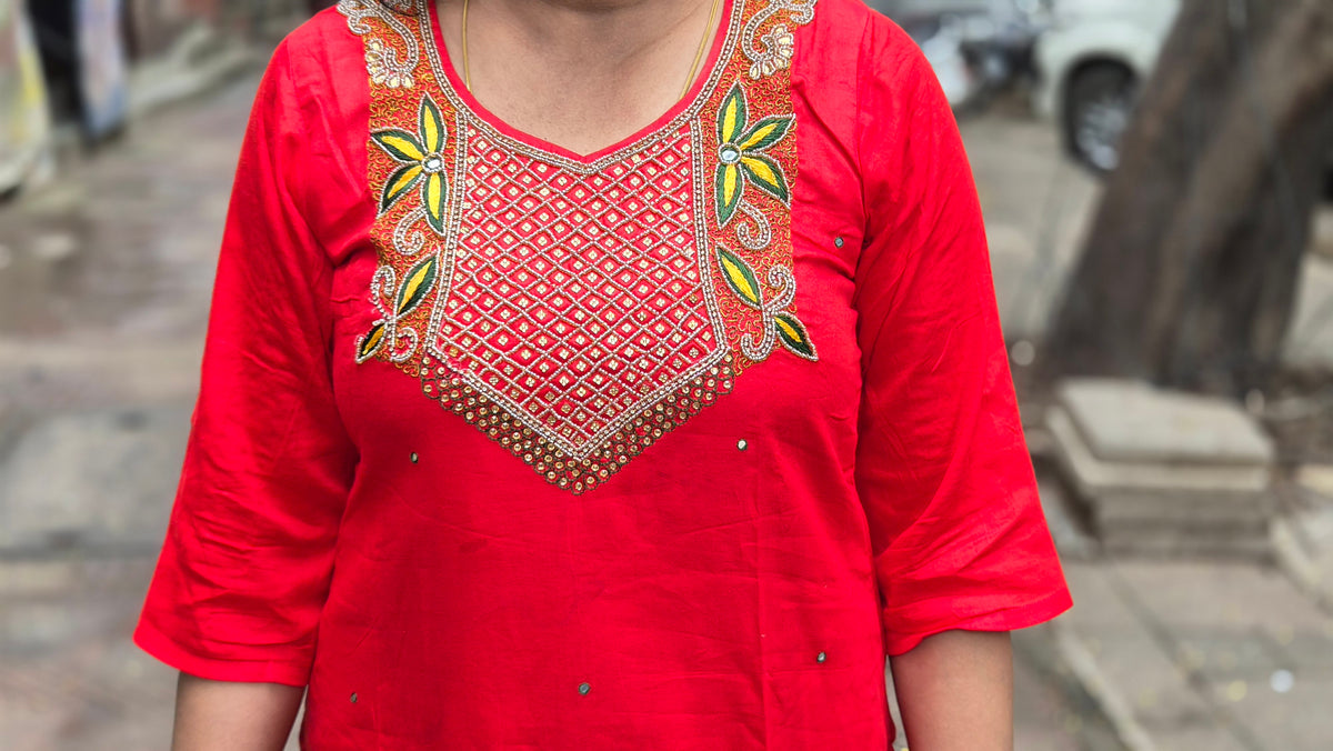 Red Cotton Silk Full Suit With Dupatta