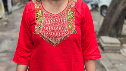 Red Cotton Silk Full Suit With Dupatta