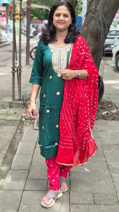 Bottle Green Cotton Silk Full Suit With Dupatta