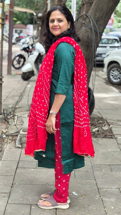 Bottle Green Cotton Silk Full Suit With Dupatta