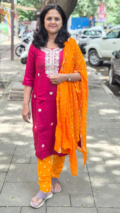 Maroon Cotton Silk Full Suit With Dupatta