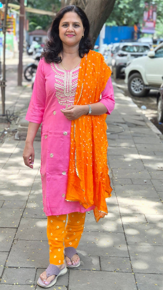 Pink Cotton Silk Full Suit With Dupatta