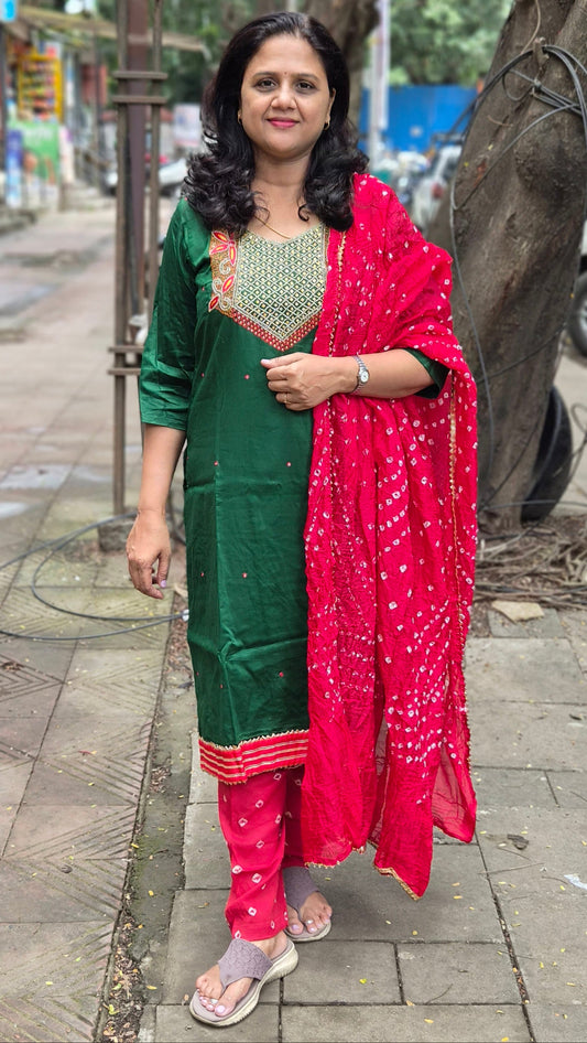 Green Cotton Silk Full Suit With Dupatta