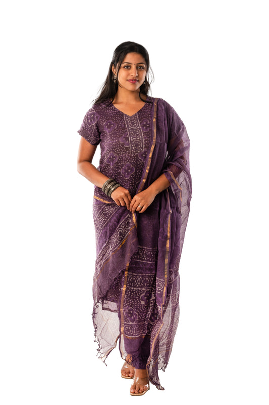 Purple Block Printed Kota Cotton Full Suit with Dupatta