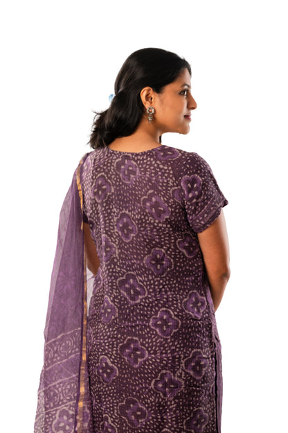 Purple Block Printed Kota Cotton Full Suit with Dupatta