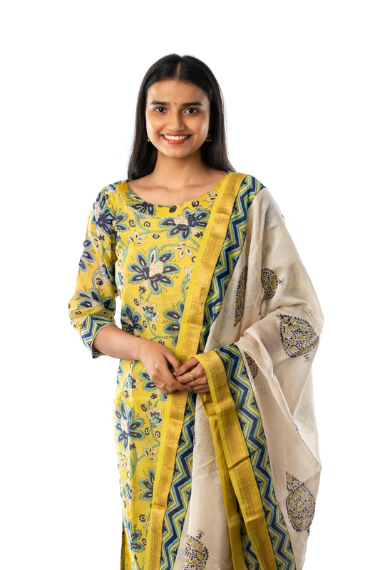 Mehendi Green Block Printed Maheshwari Full Suit with Dupatta