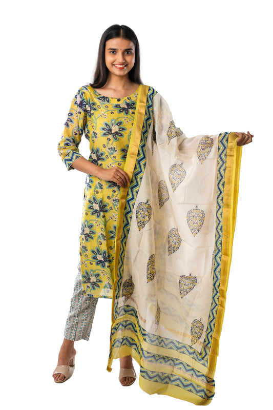Mehendi Green Block Printed Maheshwari Full Suit with Dupatta