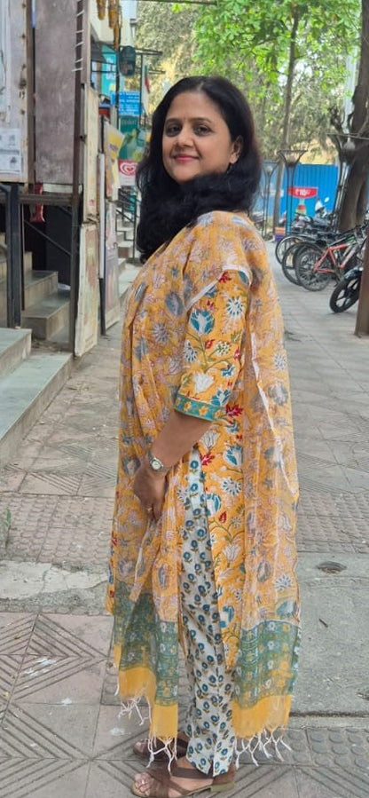 Yellow Cotton Handblock Printed Full Suit With Dupatta
