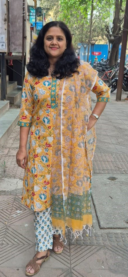 Yellow Cotton Handblock Printed Full Suit With Dupatta