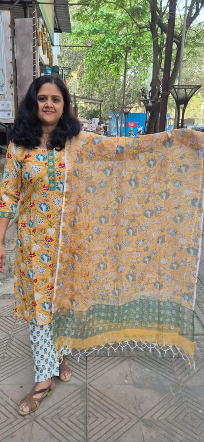 Yellow Cotton Handblock Printed Full Suit With Dupatta