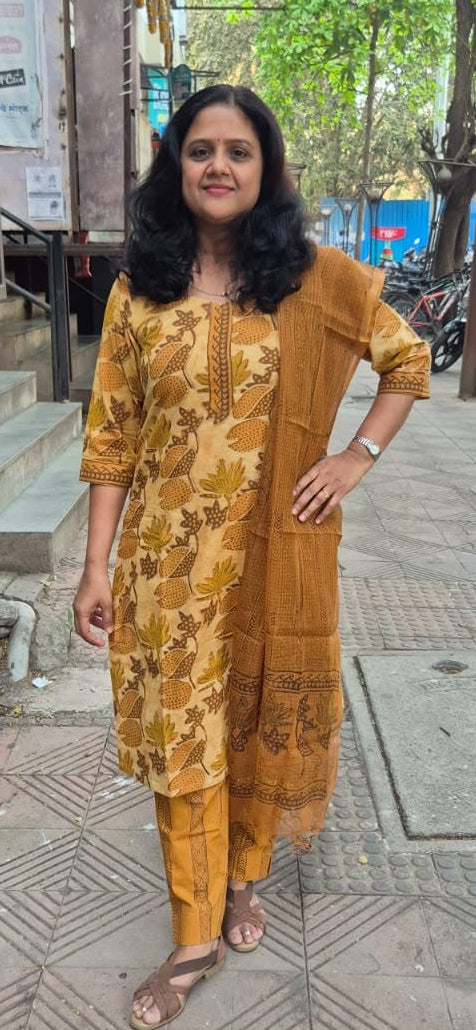 Mustard Cotton Handblock Printed Full Suit With Dupatta