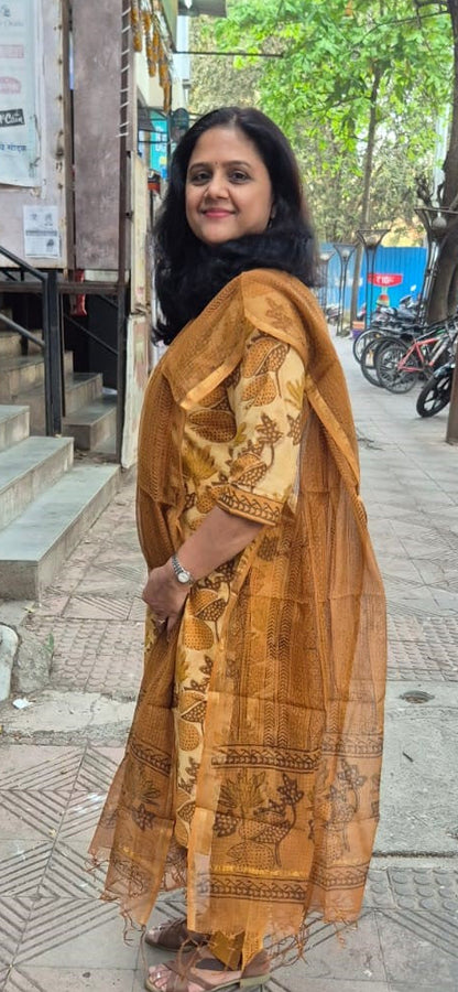 Mustard Cotton Handblock Printed Full Suit With Dupatta