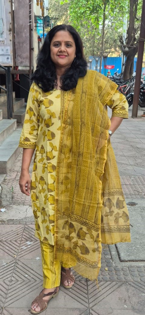 Mehendi Green Cotton Handblock Printed Full Suit With Dupatta