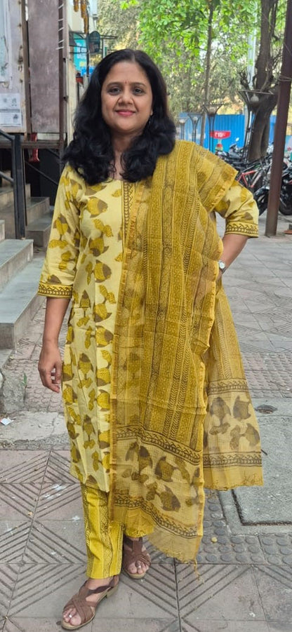 Mehendi Green Cotton Handblock Printed Full Suit With Dupatta