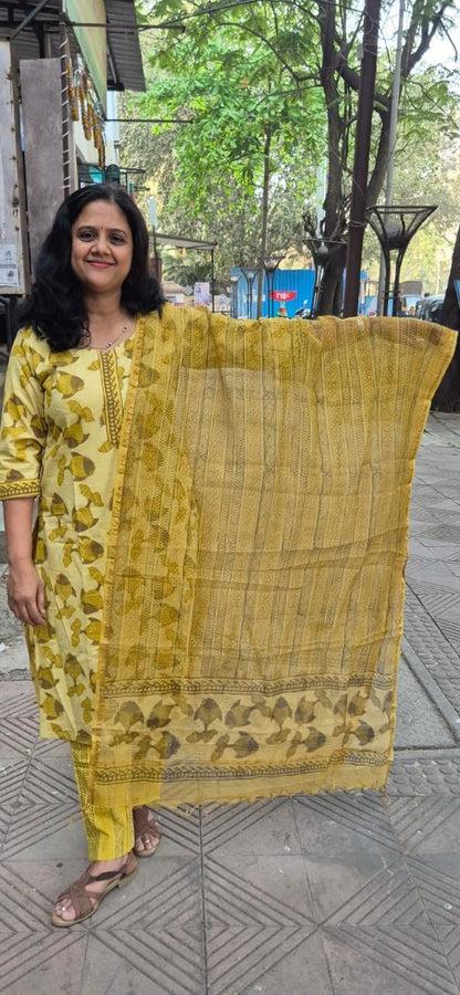 Mehendi Green Cotton Handblock Printed Full Suit With Dupatta
