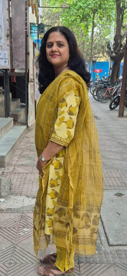 Mehendi Green Cotton Handblock Printed Full Suit With Dupatta