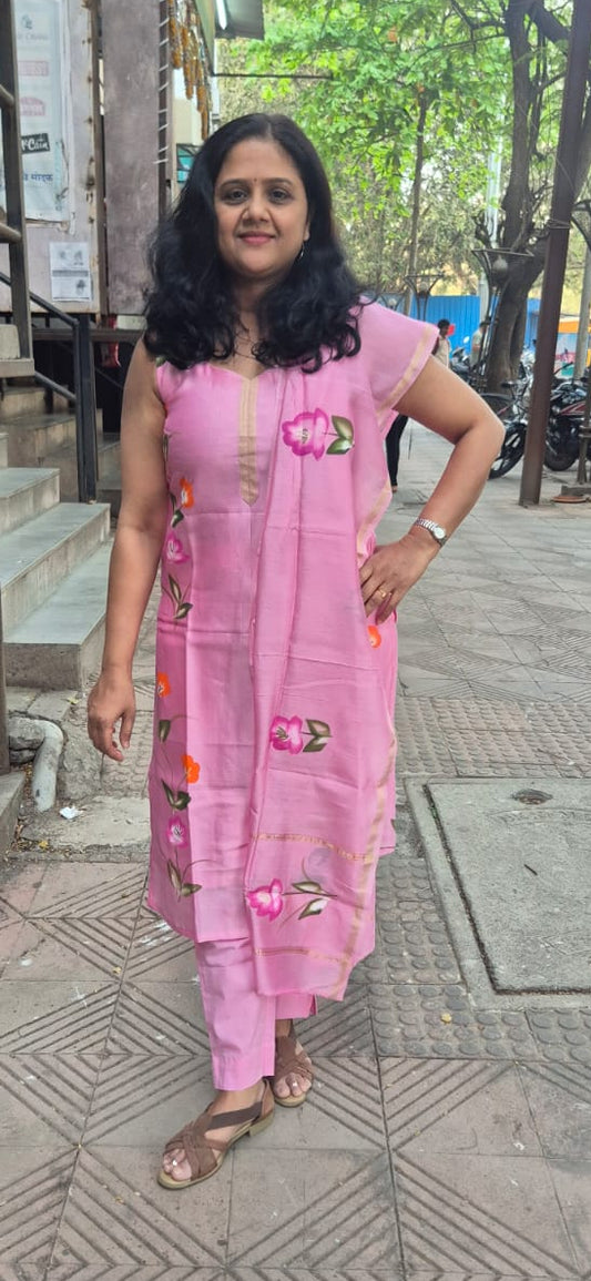 Pink  Block Printed Chanderi Cotton Full Suit with Dupatta