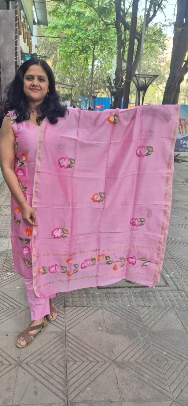 Pink  Block Printed Chanderi Cotton Full Suit with Dupatta