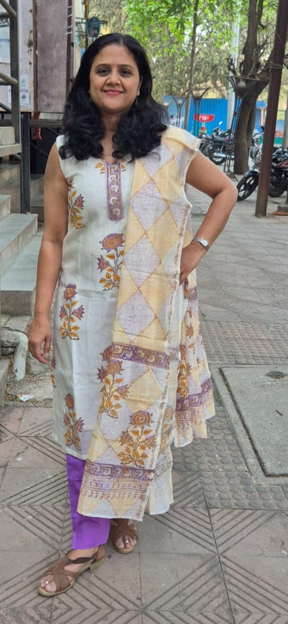 Off White Block Printed Chanderi Cotton Full Suit with Dupatta