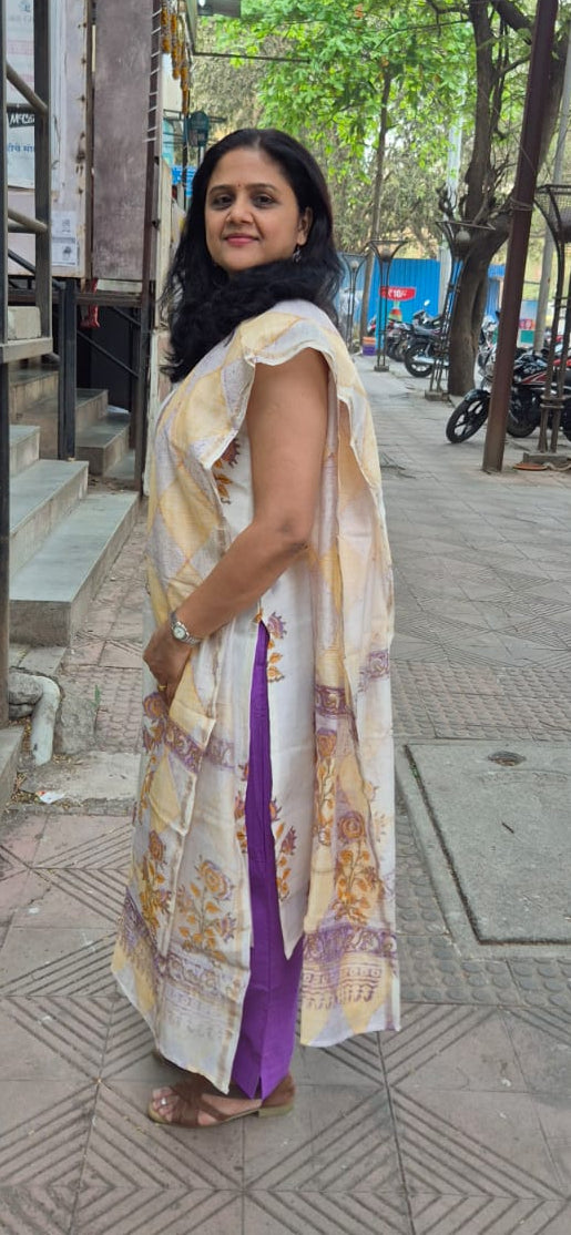 Off White Block Printed Chanderi Cotton Full Suit with Dupatta