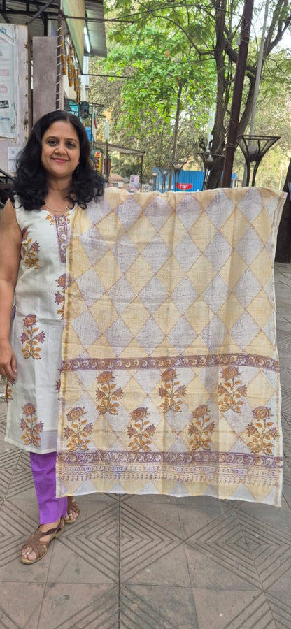 Off White Block Printed Chanderi Cotton Full Suit with Dupatta