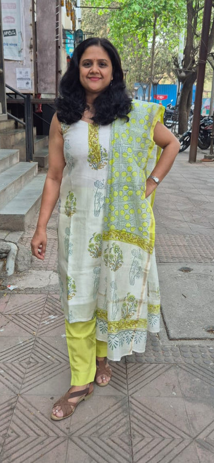 Off White Block Printed Chanderi Cotton Full Suit with Dupatta