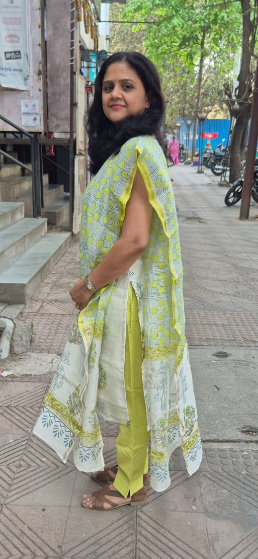 Off White Block Printed Chanderi Cotton Full Suit with Dupatta