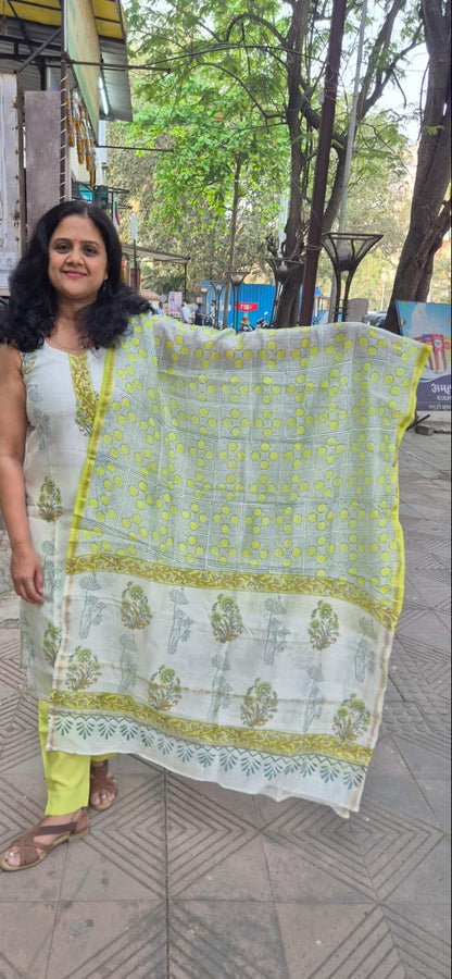 Off White Block Printed Chanderi Cotton Full Suit with Dupatta