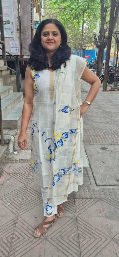 Off White Block Printed Chanderi Cotton Full Suit with Dupatta