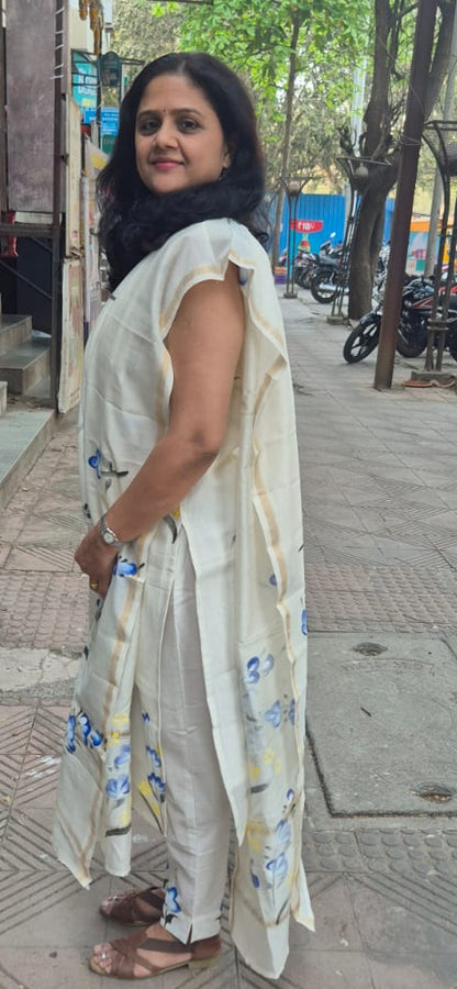 Off White Block Printed Chanderi Cotton Full Suit with Dupatta
