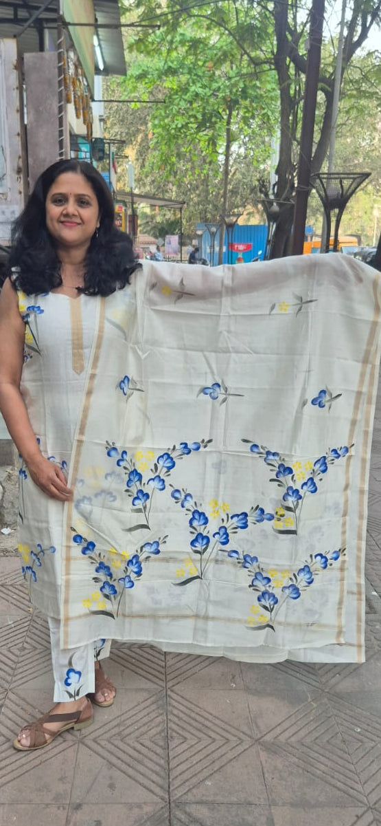 Off White Block Printed Chanderi Cotton Full Suit with Dupatta