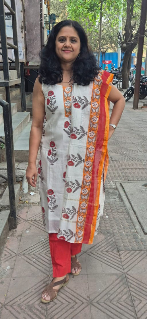 Off White Block Printed Chanderi Cotton Full Suit with Dupatta