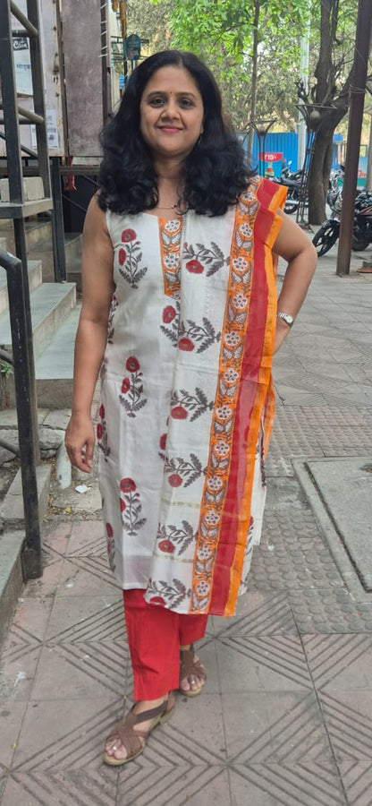 Off White Block Printed Chanderi Cotton Full Suit with Dupatta